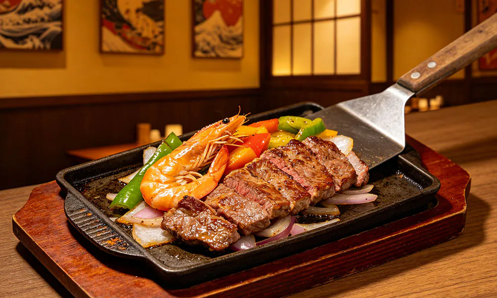 Teppanyaki steak & shrimp with bell peppers, onions, and spatula